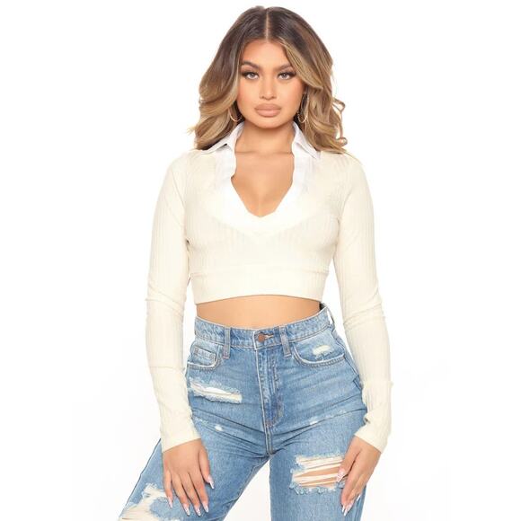 NWT Fashion Nova XS Crop Top Ribbed Sweater‎ Cream Combo Shirt Check Your Facts - Picture 1 of 9